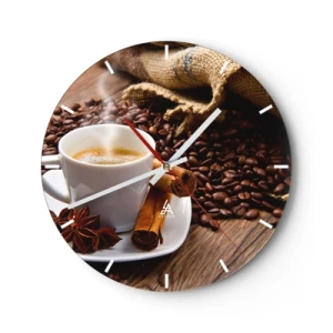 Reloj de pared - Reloj de vidrio - Una taza de café con especias y granos de café. - 30x30cm - Sabor y aroma picante - Decoración de pared moderna para salón, cocina y dormitorio ARTTOR