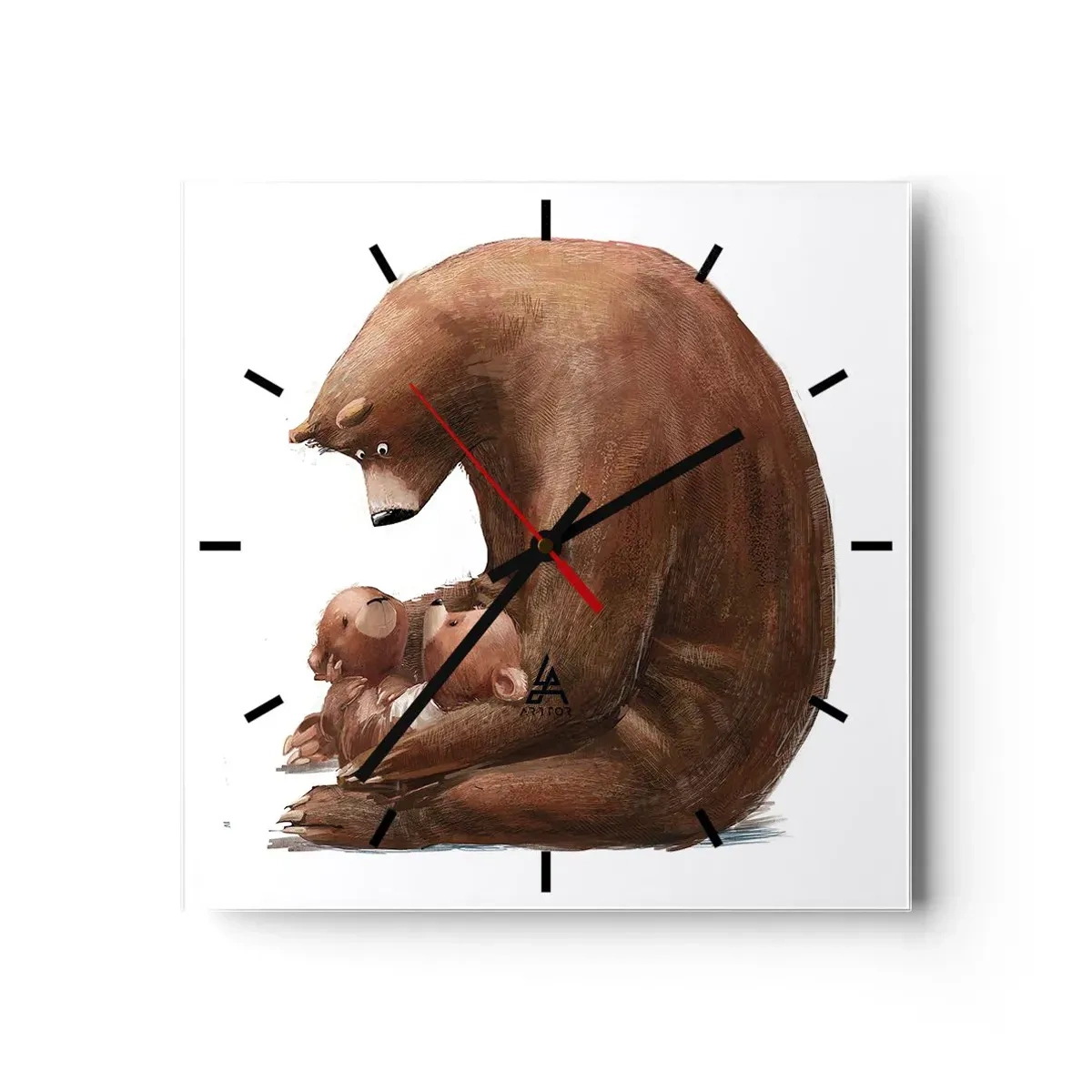 Reloj de pared - Reloj de vidrio - Una madre osa con dos ositos en sus brazos. - 30x30cm - Dulces sueños, niños - Decoración de pared moderna para salón y dormitorio ARTTOR