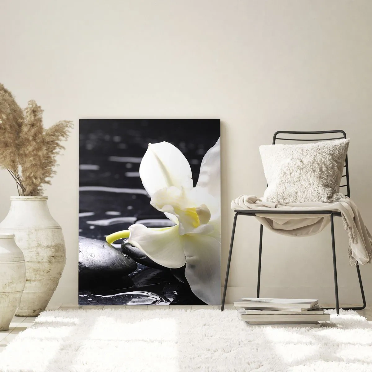 Cuadro sobre vidrio - Impresiones sobre Vidrio - Orquídea blanca sobre piedras negras mojadas - 50x70cm - Un estudio en blanco y negro - Decoración de pared moderna para salón y dormitorio ARTTOR