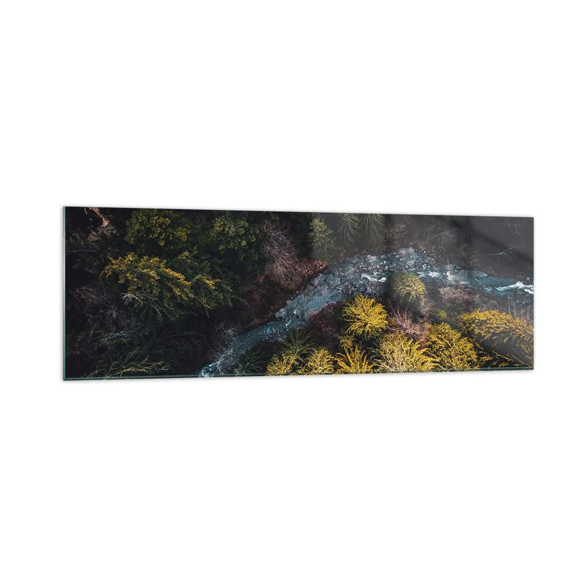Cuadro sobre vidrio - Impresiones sobre Vidrio - Una vista desde arriba de un bosque con un río sinuoso. - 160x50cm - Rápido, cada vez más rápido - Decoración de pared moderna para salón y dormitorio ARTTOR
