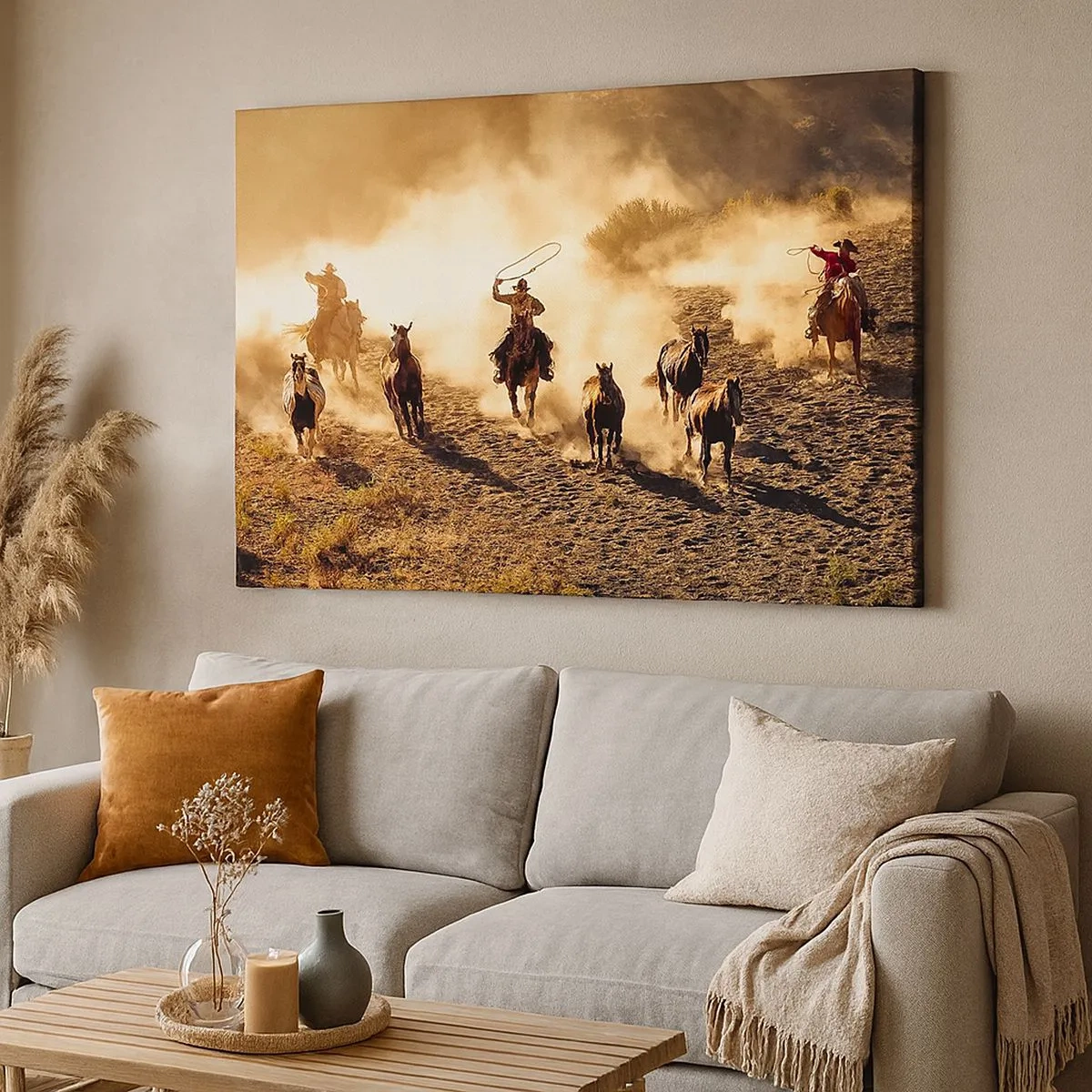 Cuadro sobre lienzo - Impresión de Imagen - Vaqueros a caballo en acción en el terreno desértico. - 70x50cm - El salvaje oeste - Decoración de pared moderna para salón y dormitorio ARTTOR