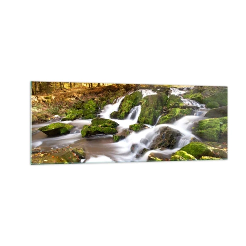 Cuadro sobre vidrio - Impresiones sobre Vidrio - Un paisaje boscoso con una cascada rodeada de musgo. - 140x50cm - Atravesando el bosque otoñal - Decoración de pared moderna para salón y dormitorio ARTTOR