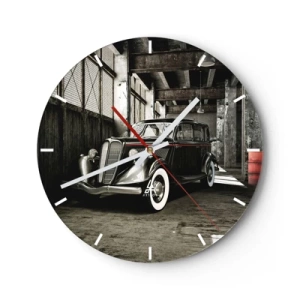 Reloj de pared - Reloj de vidrio - Garaje atmosférico con coche clásico de época. - 30x30cm - La elegancia perdurable de los años 30. - Decoración de pared moderna para salón, cocina y dormitorio ARTTOR