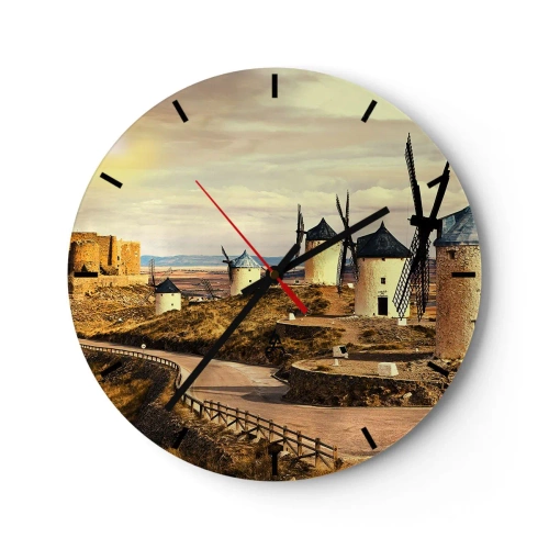 Reloj de pared - Reloj de vidrio - Molinos de viento en las colinas de La Mancha - 30x30cm - Don Quijote los vio - Decoración de pared moderna para salón, cocina y dormitorio ARTTOR