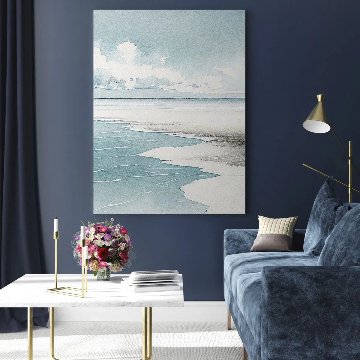Cuadro sobre vidrio - Impresiones sobre Vidrio - Un paisaje marino tranquilo en estilo acuarela en tonos azules. - 50x70cm - Suave marea otoñal - Decoración de pared moderna para salón y dormitorio ARTTOR