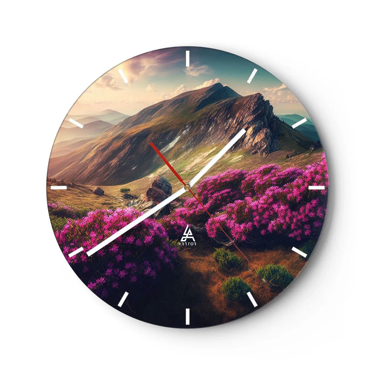 Reloj de pared - Reloj de vidrio - Paisaje de montaña de verano con flores violetas y puesta de sol. - 30x30cm - Verano en las montañas - Decoración de pared moderna para salón, cocina y dormitorio ARTTOR