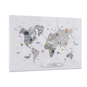 Cuadro sobre vidrio - Impresiones sobre Vidrio - Mapa del mundo ilustrado con animales característicos - 120x80cm - Dime de dónde eres... - Decoración de pared moderna para salón y dormitorio ARTTOR