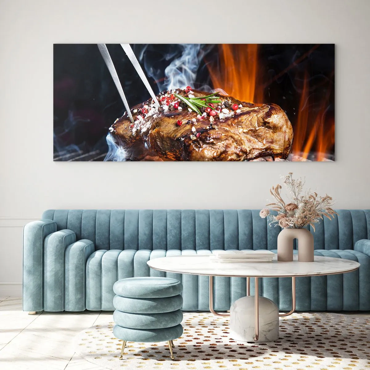 Cuadro sobre vidrio - Impresiones sobre Vidrio - Filete a la parrilla con especias - 160x50cm - Jugoso y fragante - Decoración de pared moderna para salón y dormitorio ARTTOR