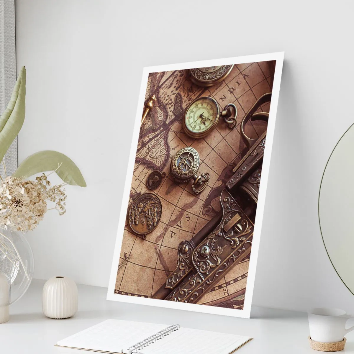 Póster - Una brújula, un mapa y objetos antiguos que simbolizan la aventura. - 50x70cm - La aventura llama - Decoración de pared moderna para salón y dormitorio ARTTOR