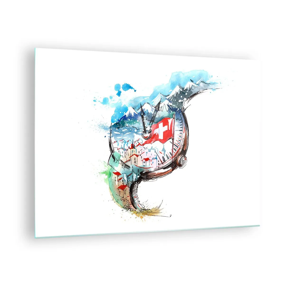 Cuadro sobre vidrio - Impresiones sobre Vidrio - Pintura de acuarela de un paisaje suizo con una bandera y un reloj. - 70x50cm - El espíritu de Suiza - Decoración de pared moderna para salón y dormitorio ARTTOR