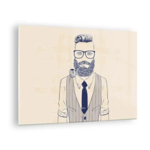 Cuadro sobre vidrio - Impresiones sobre Vidrio - Un hombre estilizado con barba, gafas y pipa sobre un fondo claro. - 70x50cm - Alegre, masculino y a la moda - Decoración de pared moderna para salón y dormitorio ARTTOR