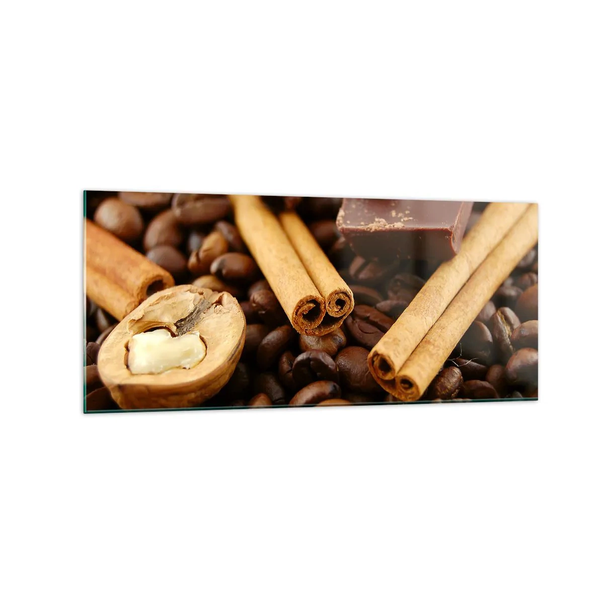 Cuadro sobre vidrio - Impresiones sobre Vidrio - Granos de café con ramas de canela, chocolate y nueces. - 120x50cm - Concierto de aromas - Decoración de pared moderna para salón y dormitorio ARTTOR