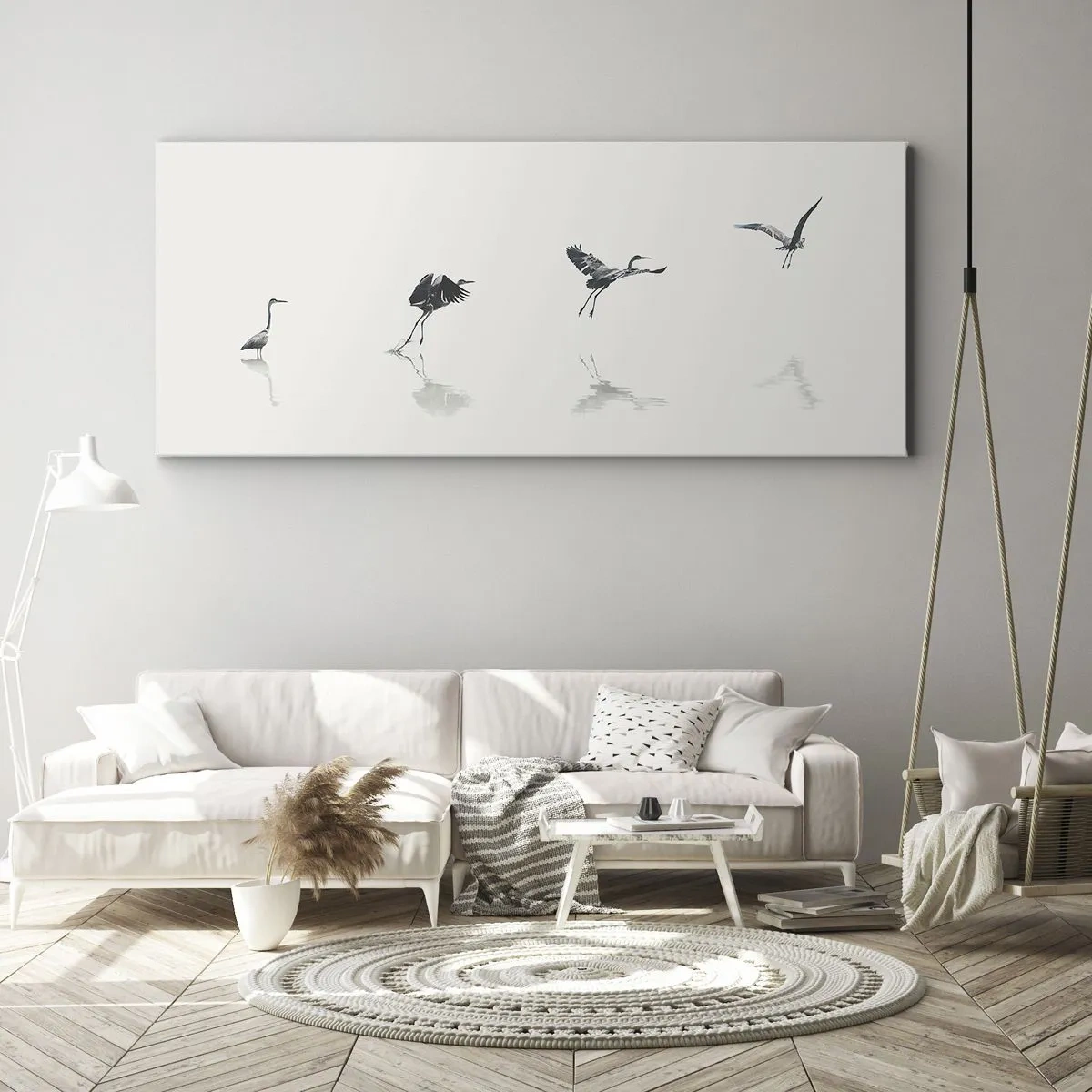Cuadro sobre lienzo - Impresión de Imagen - Cuatro siluetas de aves reflejadas en el agua tranquila. - 120x50cm - Cuatro sencillos pasos para despegar - Decoración de pared moderna para salón y dormitorio ARTTOR