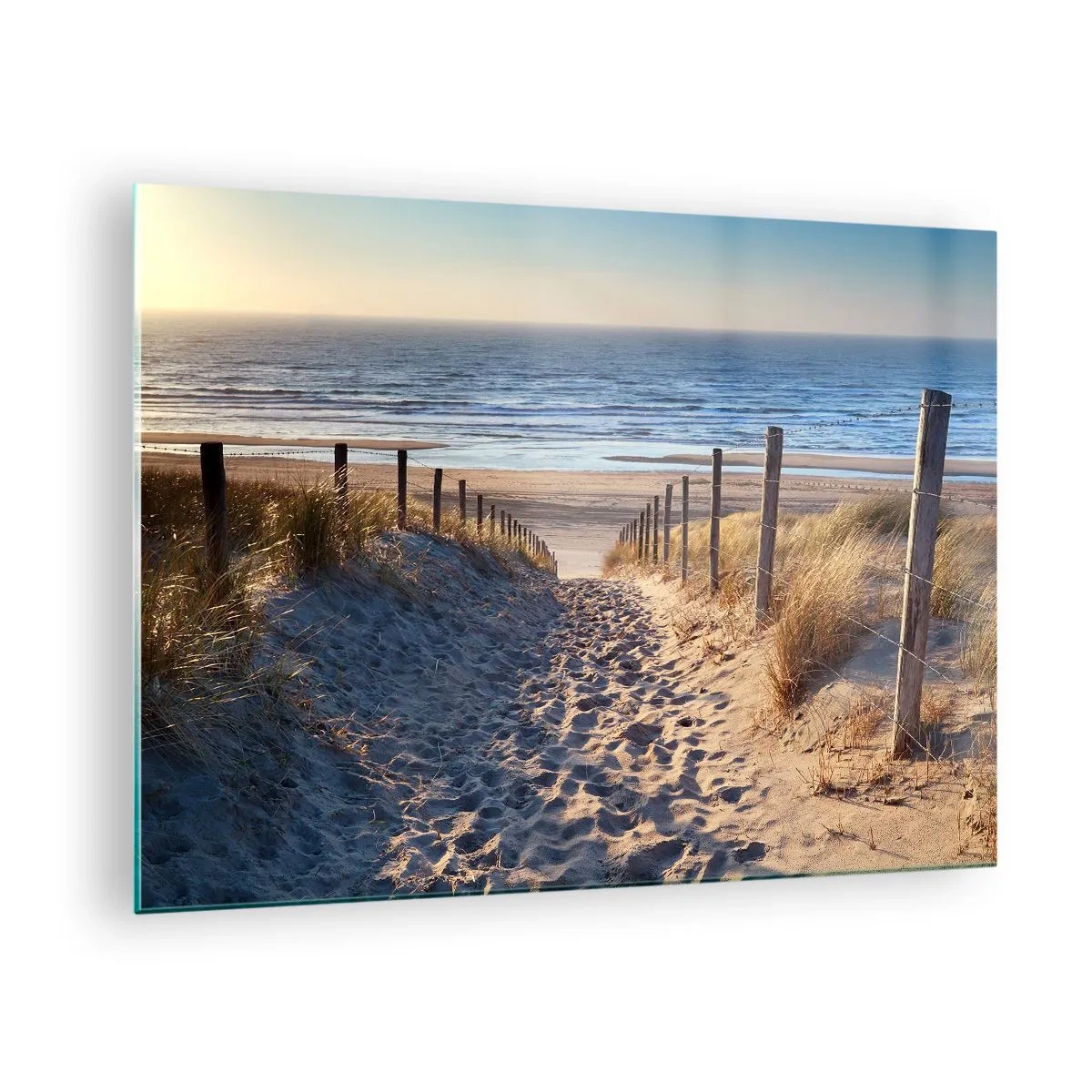 Cuadro sobre vidrio - Impresiones sobre Vidrio - Un camino a través de las dunas que conduce a una playa con un mar en calma. - 70x50cm - El sonido del mar, el canto de los pájaros, una playa virgen entre las dunas…