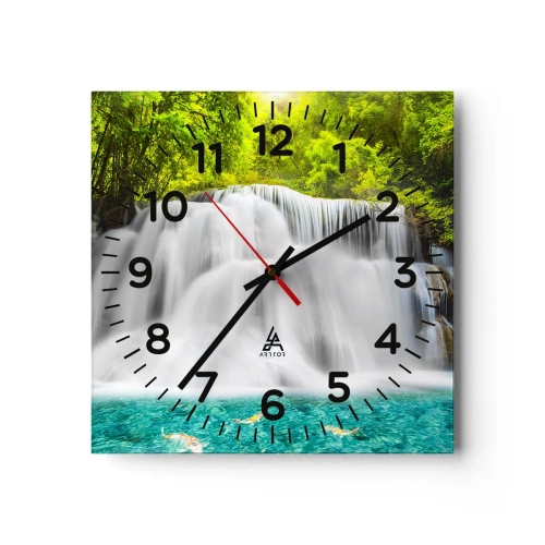 Reloj de pared - Reloj de vidrio - Cascada espumosa, de verde a azul - 40x40 cm