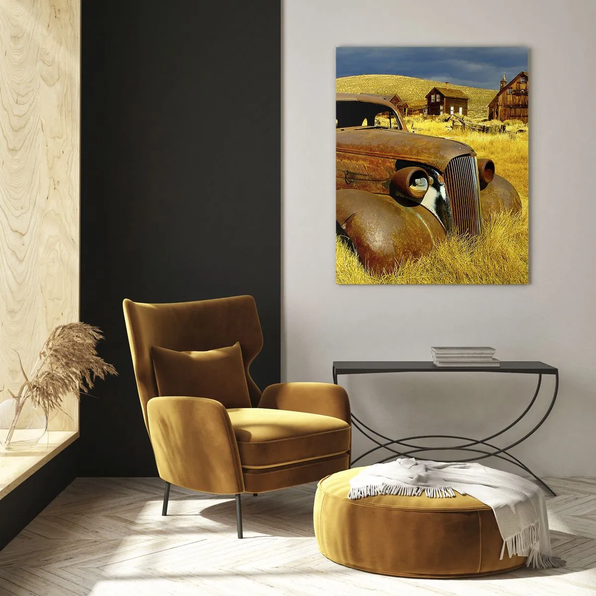 Cuadro sobre vidrio - Impresiones sobre Vidrio - Un coche clásico con el telón de fondo de un pueblo desierto. - 50x70cm - Un merecido descanso - Decoración de pared moderna para salón y dormitorio ARTTOR