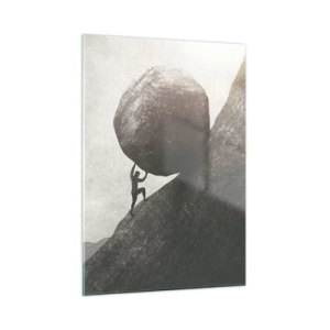 Cuadro sobre vidrio - Impresiones sobre Vidrio - Una figura empujando una roca cuesta arriba contra un paisaje montañoso. - 50x70cm - Creo, contra toda esperanza - Decoración de pared moderna para salón y dormitorio ARTTOR