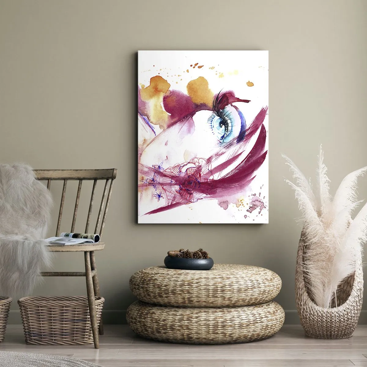 Cuadro sobre lienzo - Impresión de Imagen - Un rostro abstracto con ojos expresivos y acentos rojos. - 50x70cm - En la cercanía el mundo florece - Decoración de pared moderna para salón y dormitorio ARTTOR