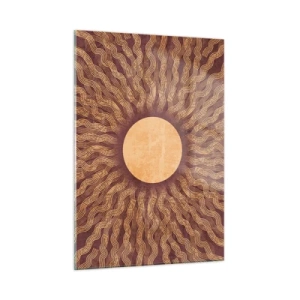 Cuadro sobre vidrio - Impresiones sobre Vidrio - Un sol estilizado con rayos en forma de líneas onduladas sobre un fondo marrón. - 50x70cm - Icono del sol - Decoración de pared moderna para salón y dormitorio ARTTOR