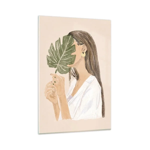 Cuadro sobre vidrio - Impresiones sobre Vidrio - Retrato de una mujer con una hoja de monstera sobre un fondo beige. - 80x120cm - Retrato misterioso con un abanico - Decoración de pared moderna para salón y dormitorio ARTTOR