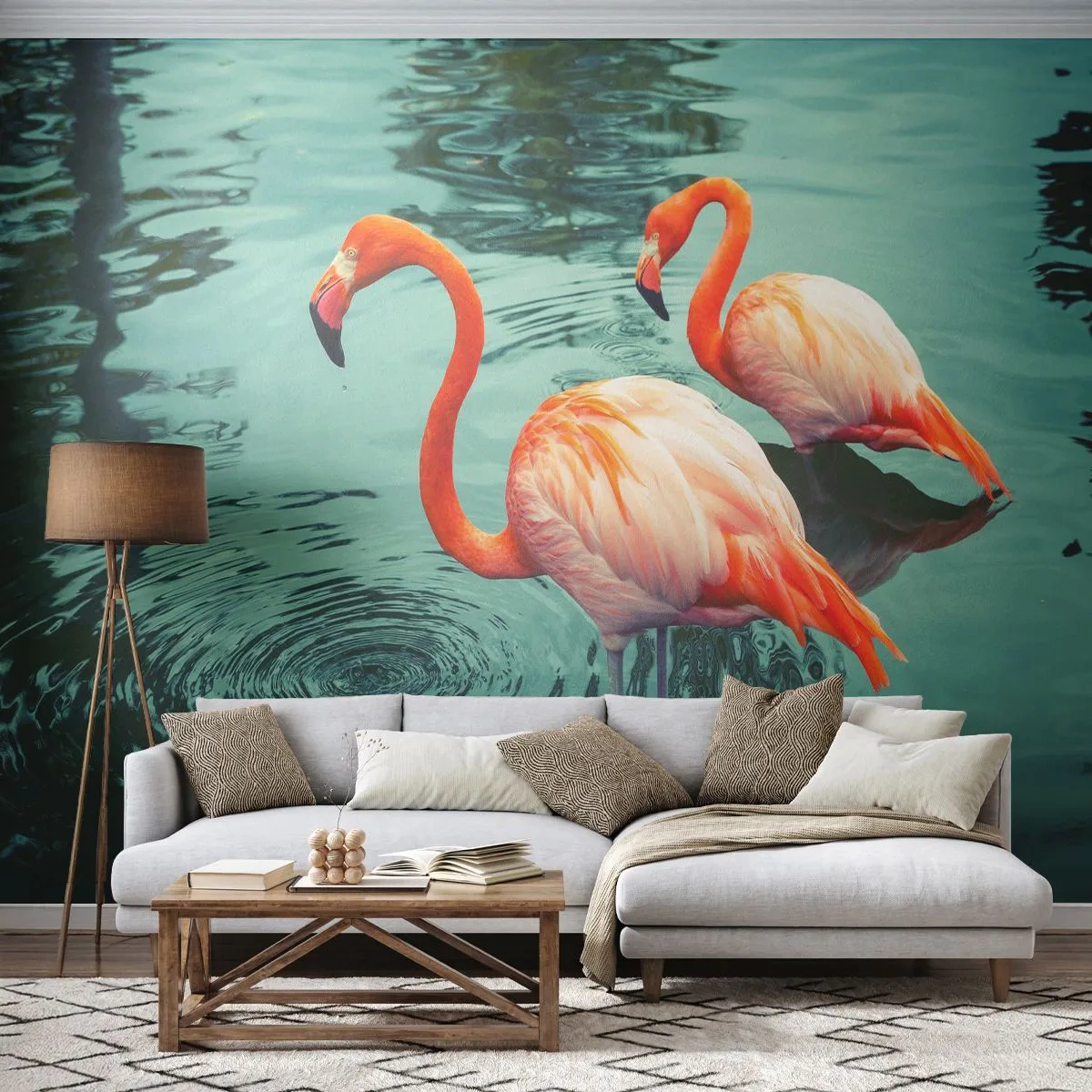 Fotomural Premium Sand - Dos flamencos de pie en el agua con su reflejo en la superficie. - 100x70cm - Estamos de moda - Decoración de pared moderna para salón y dormitorio ARTTOR