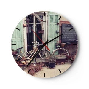 Reloj de pared - Reloj de vidrio - Bicicletas retro frente a persianas verdes - 30x30cm - La vida rural - Decoración de pared moderna para salón, cocina y dormitorio ARTTOR