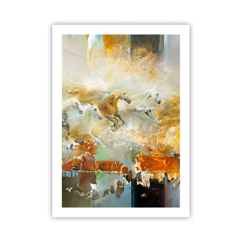 Póster - Caballos al galope en un entorno abstracto - 50x70cm - Galopando a través de la luz - Decoración de pared moderna para salón y dormitorio ARTTOR
