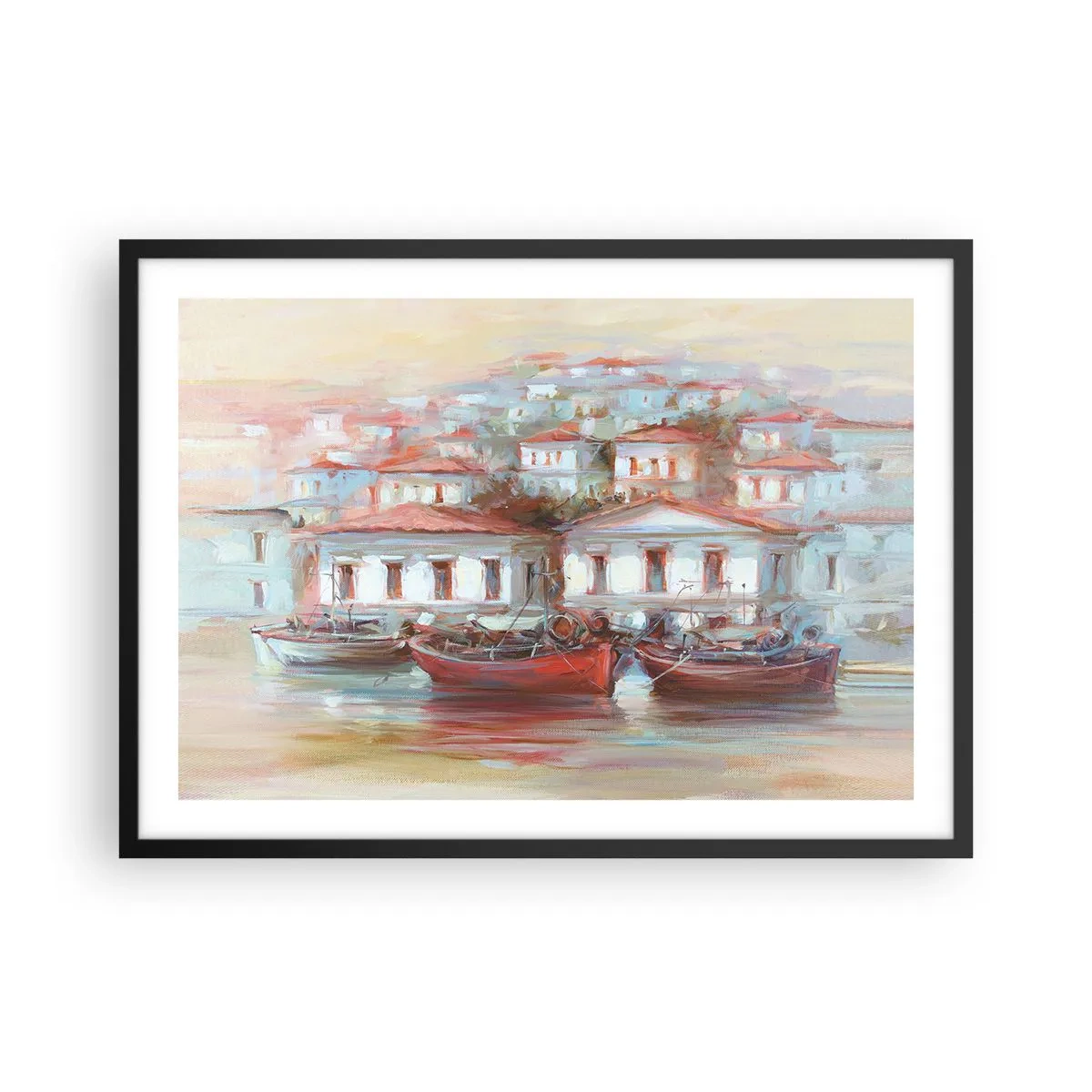Póster en marco negro - Barcos coloridos y edificios pintorescos junto al agua en tonos pastel. - 70x50cm - Ciudad feliz - Decoración de pared moderna para salón y dormitorio ARTTOR