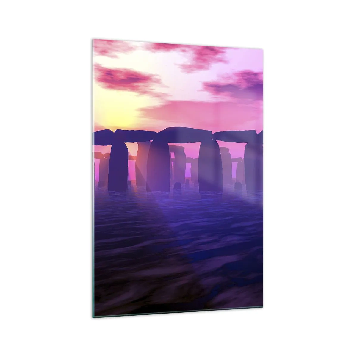 Cuadro sobre vidrio - Impresiones sobre Vidrio - Círculo de piedras al atardecer con un cielo violeta - 70x100cm - Misterio al amanecer en la niebla - Decoración de pared moderna para salón y dormitorio ARTTOR