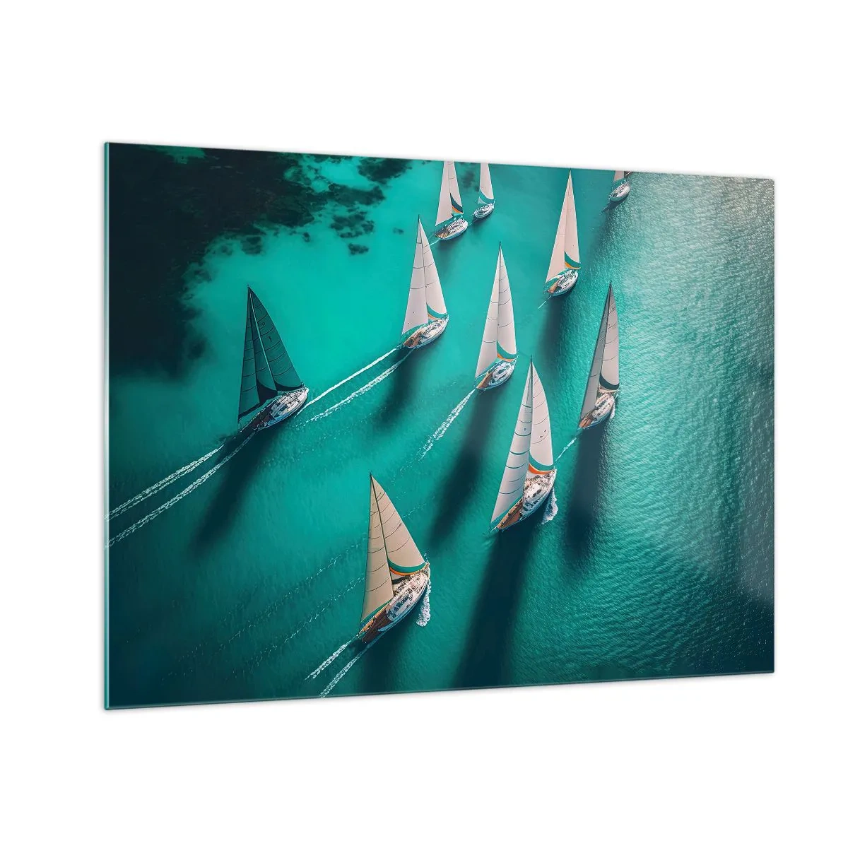 Cuadro sobre vidrio - Impresiones sobre Vidrio - Veleros en aguas turquesas capturados a vista de pájaro - 70x50cm - En competición con el viento - Decoración de pared moderna para salón y dormitorio ARTTOR