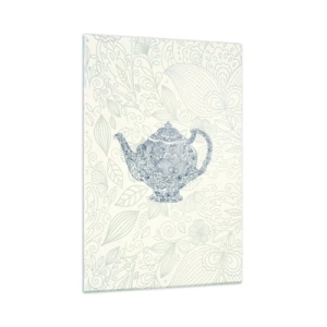 Cuadro sobre vidrio - Impresiones sobre Vidrio - Dibujo decorativo de una tetera con adornos azules. - 70x100cm - El encanto del té - Decoración de pared moderna para salón y dormitorio ARTTOR