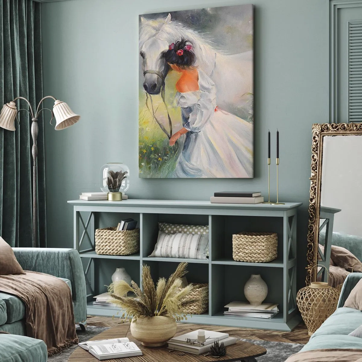 Cuadro sobre lienzo - Impresión de Imagen - Una mujer con un caballo blanco en un entorno pintoresco. - 50x70cm - Como si de un hermoso sueño se tratara - Decoración de pared moderna para salón y dormitorio ARTTOR