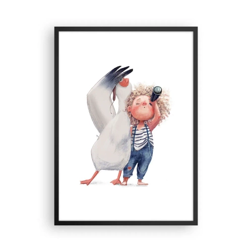 Póster en marco negro - Ilustración de un niño con binoculares y un pájaro que los acompaña. - 50x70cm - Un plan para un gran viaje - Decoración de pared moderna para salón y dormitorio ARTTOR