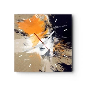 Reloj de pared - Reloj de vidrio - Retrato abstracto de una mujer con colores intensos. - 30x30cm - Y se convierte en luz - Decoración de pared moderna para salón y dormitorio ARTTOR