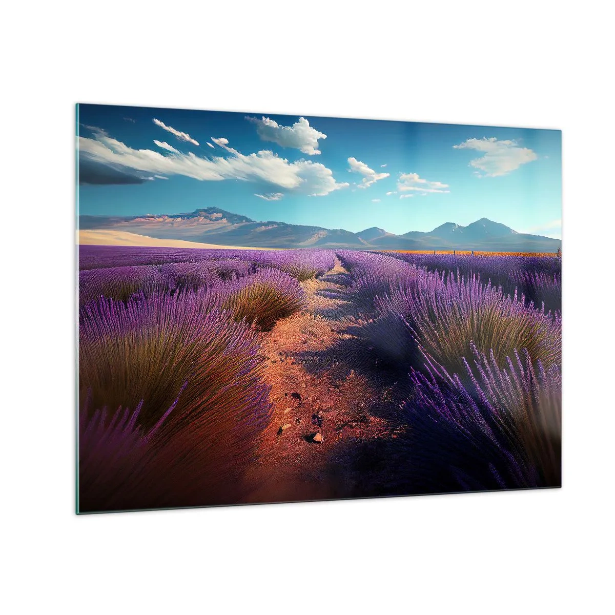 Cuadro sobre vidrio - Impresiones sobre Vidrio - Campos de lavanda al atardecer con vistas a las montañas. - 70x50cm - Campos fragantes - Decoración de pared moderna para salón y dormitorio ARTTOR