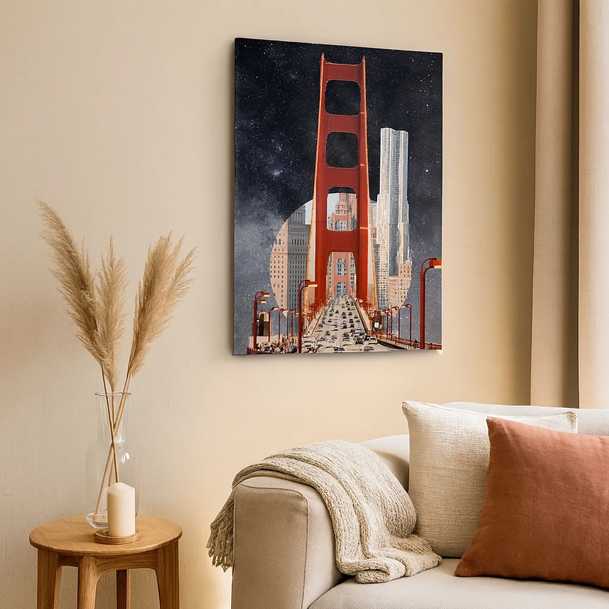 Cuadro sobre lienzo - Impresión de Imagen - El puente Golden Gate con la ciudad al fondo contra un cielo estrellado - 50x70cm - Siempre en el centro - Decoración de pared moderna para salón y dormitorio ARTTOR