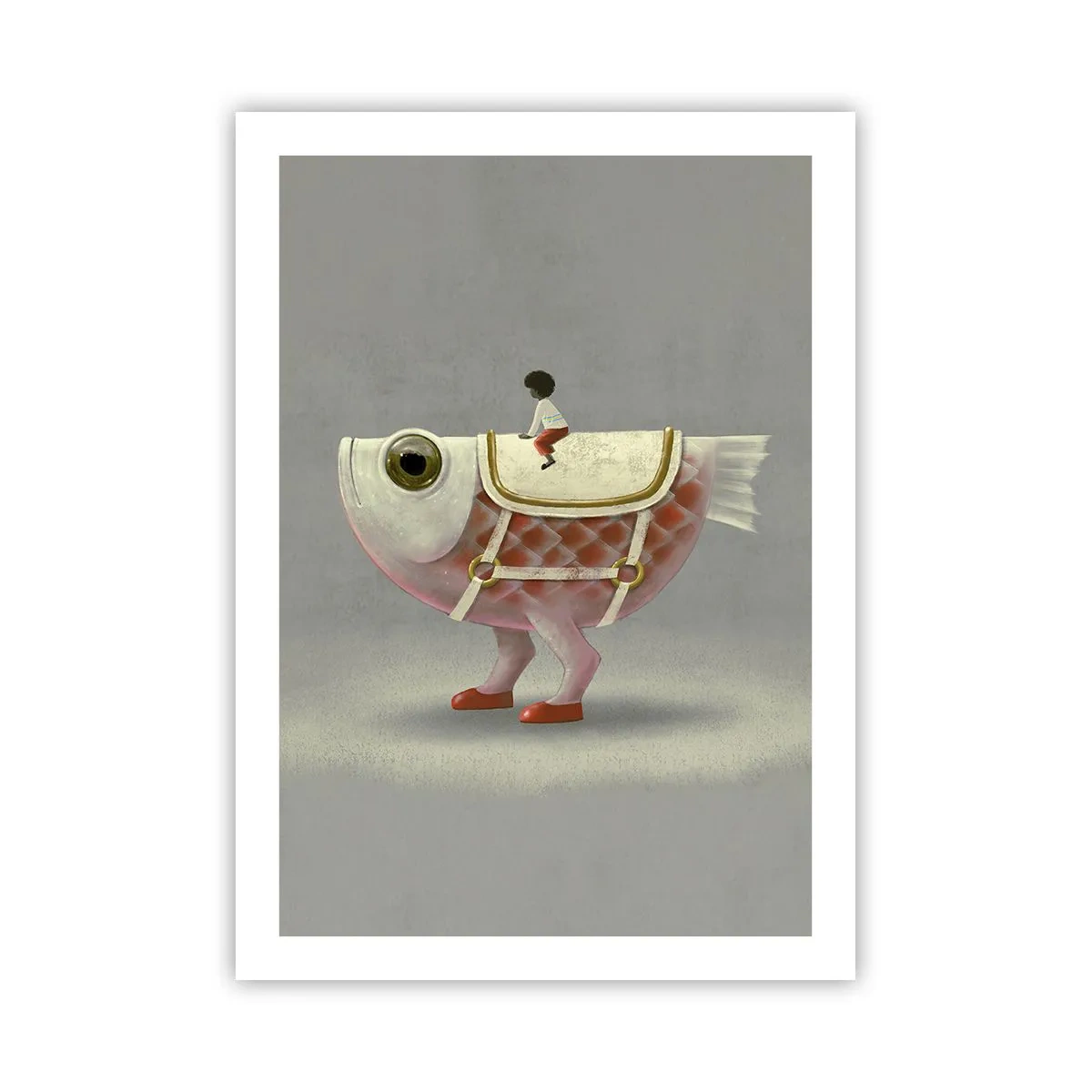 Póster - Un pez de fantasía con una silla de montar y una figura sobre un fondo gris. - 50x70cm - Jinete del pescado - Decoración de pared moderna para salón y dormitorio ARTTOR