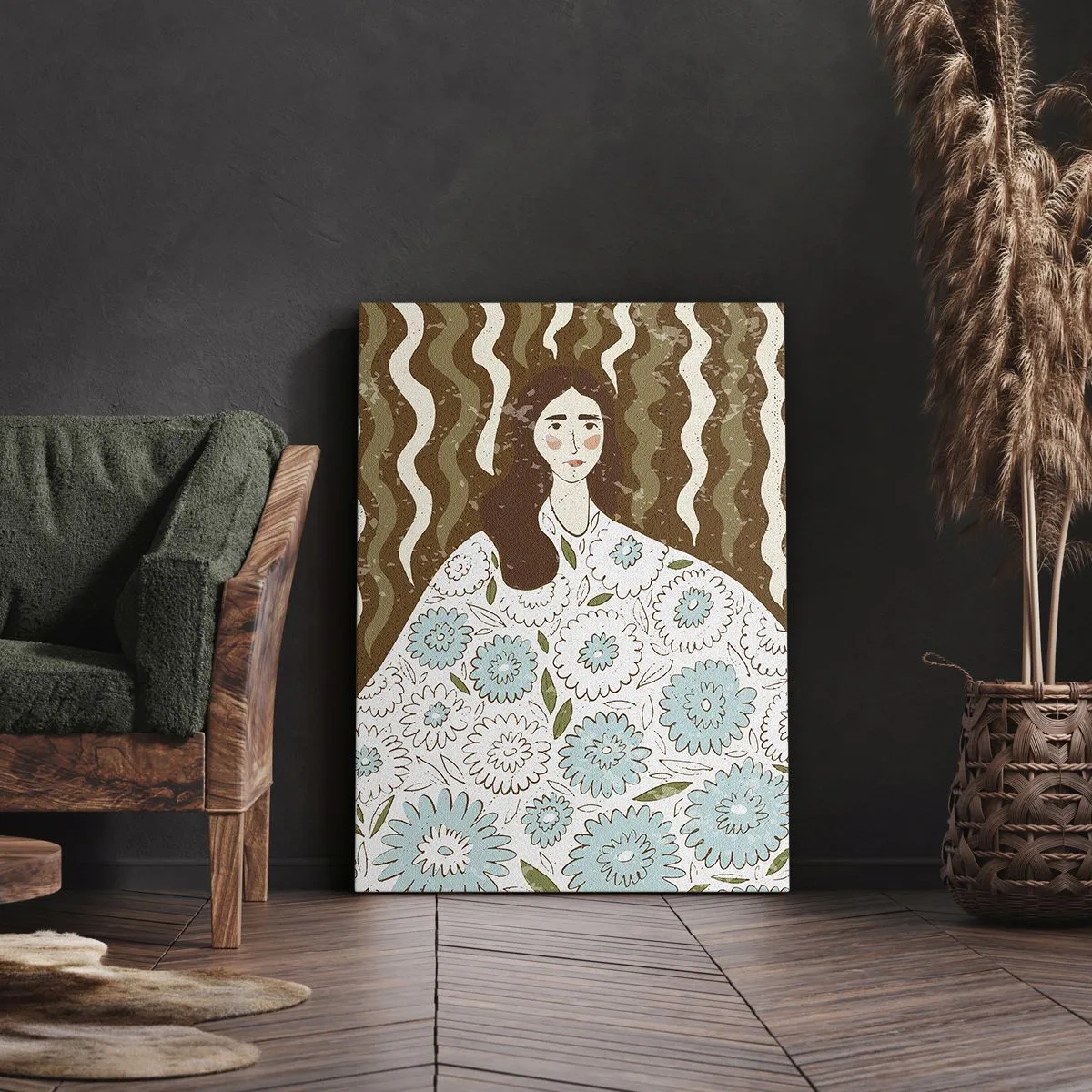 Cuadro sobre lienzo - Impresión de Imagen - Retrato con túnica de flores - 65x120 cm