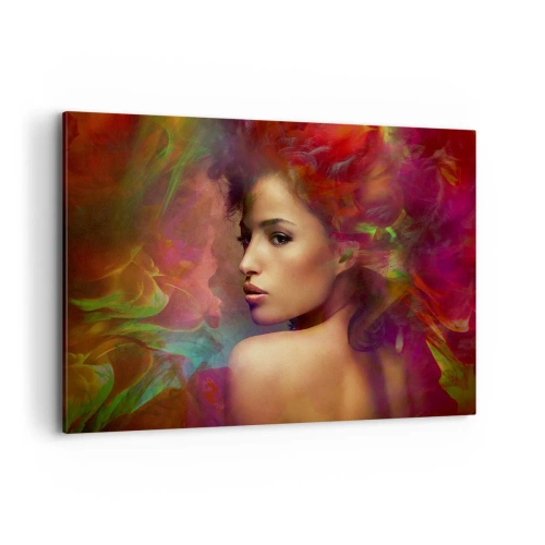 Cuadro sobre lienzo - Impresión de Imagen - Una mujer con reflejos coloridos creando un fondo abstracto. - 100x70cm - Más hermosa que un arco iris, tan delicada como la niebla - Decoración de pared moderna para salón y dormitorio ARTTOR