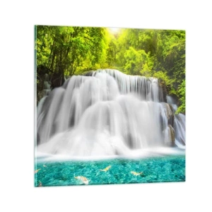 Cuadro sobre vidrio - Impresiones sobre Vidrio - Cascada espumosa, de verde a azul - 30x30 cm