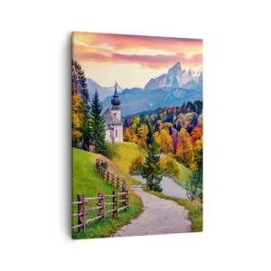 Cuadro sobre lienzo - Impresión de Imagen - Paisaje otoñal de montaña con capilla y puesta de sol. - 50x70cm - Paisaje como una pintura - Decoración de pared moderna para salón y dormitorio ARTTOR