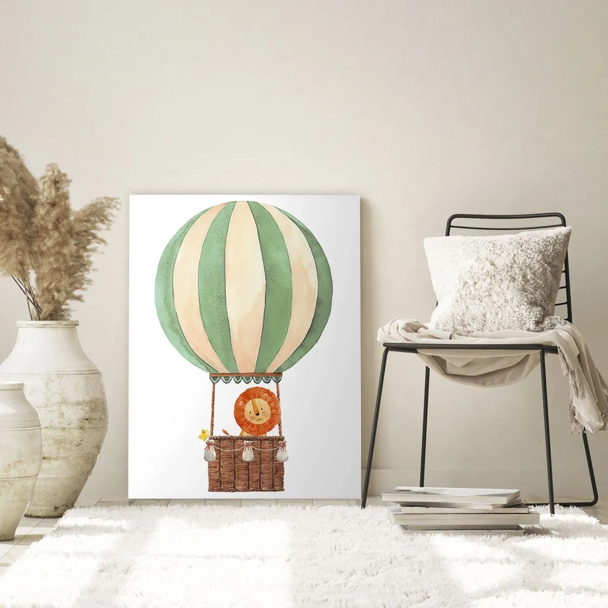 Cuadro sobre vidrio - Impresiones sobre Vidrio - Un león en una canasta de globos flotando sobre un fondo blanco. - 50x70cm - Los viajes del león - Decoración de pared moderna para salón y dormitorio ARTTOR