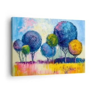 Cuadro sobre lienzo - Impresión de Imagen - Árboles coloridos en forma de bola con el paisaje como telón de fondo - 70x50cm - Una esfera: la forma de un ideal - Decoración de pared moderna para salón y dormitorio ARTTOR
