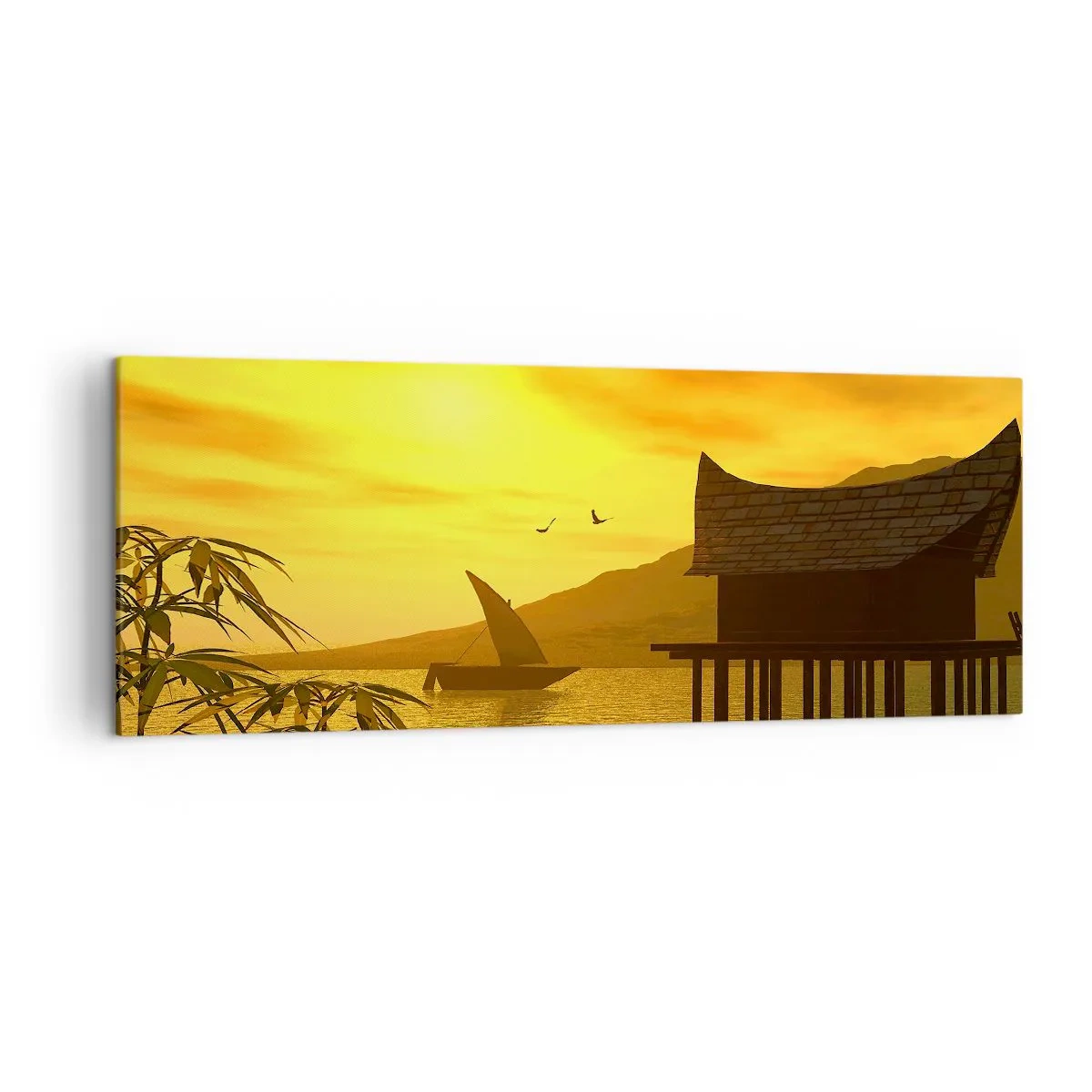 Cuadro sobre lienzo - Impresión de Imagen - Puesta de sol tropical sobre el agua con casa de madera sobre pilotes. - 140x50cm - La ansiada paz - Decoración de pared moderna para salón y dormitorio ARTTOR