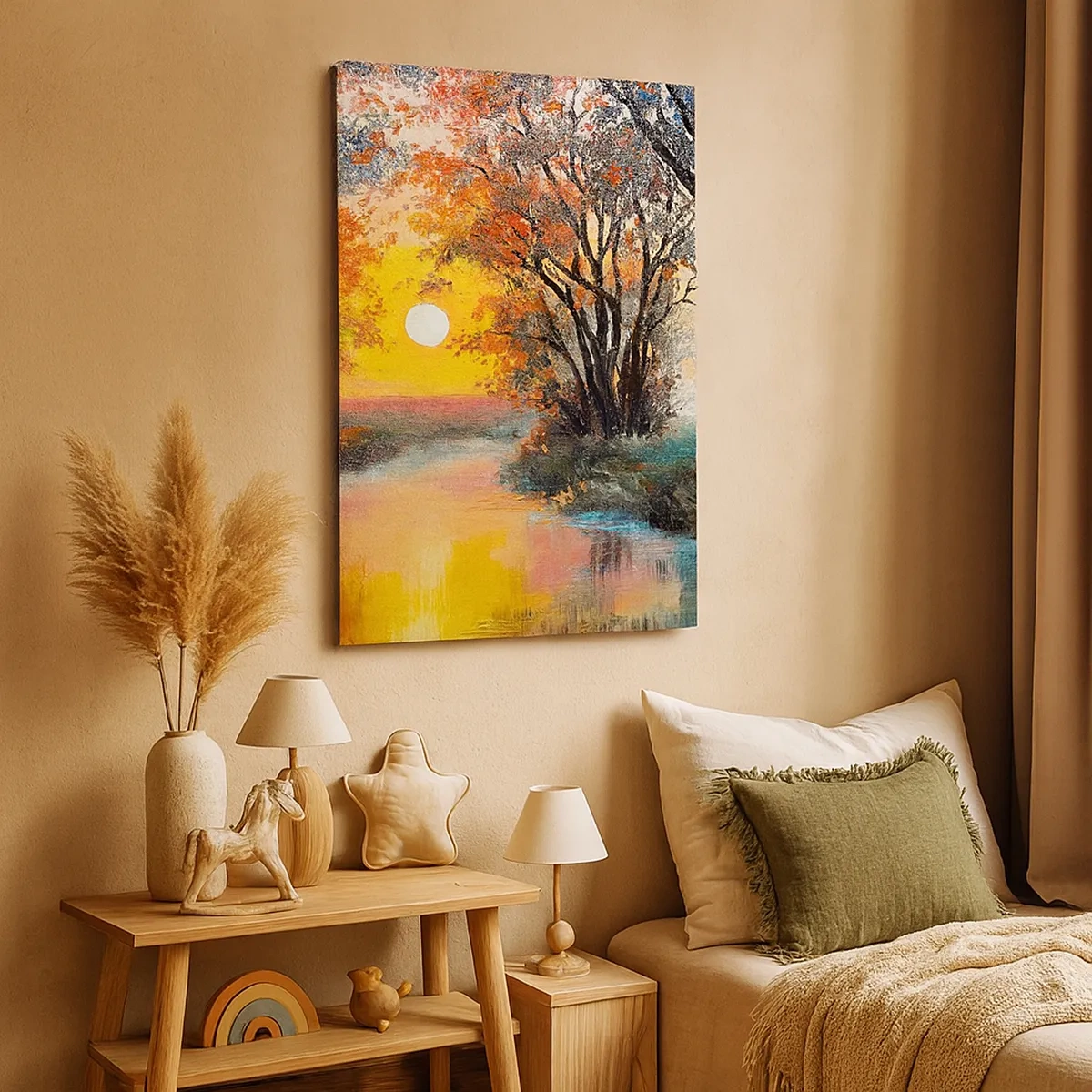 Cuadro sobre lienzo - Impresión de Imagen - Puesta de sol sobre el río en un paisaje otoñal - 50x70cm - Ambiente otoñal - Decoración de pared moderna para salón y dormitorio ARTTOR