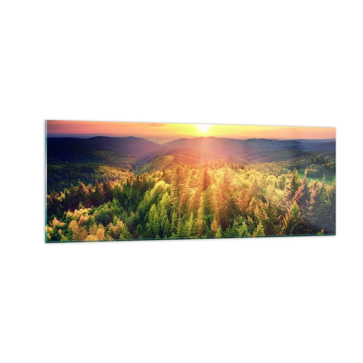 Cuadro sobre vidrio - Impresiones sobre Vidrio - Paisaje forestal con puesta de sol sobre las colinas - 140x50cm - Desde lo alto - Decoración de pared moderna para salón y dormitorio ARTTOR