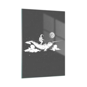 Cuadro sobre vidrio - Impresiones sobre Vidrio - Astronauta montando un narval en un entorno espacial - 50x70cm - Jinete espacial - Decoración de pared moderna para salón y dormitorio ARTTOR