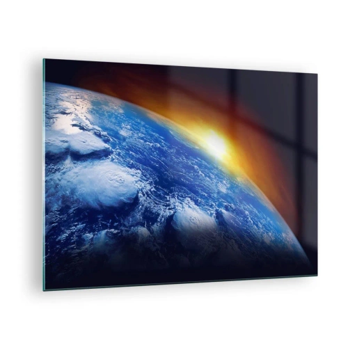 Cuadro sobre vidrio - Impresiones sobre Vidrio - La Tierra en el espacio iluminada por los rayos del sol. - 70x50cm - Amanecer en un planeta azul - Decoración de pared moderna para salón y dormitorio ARTTOR