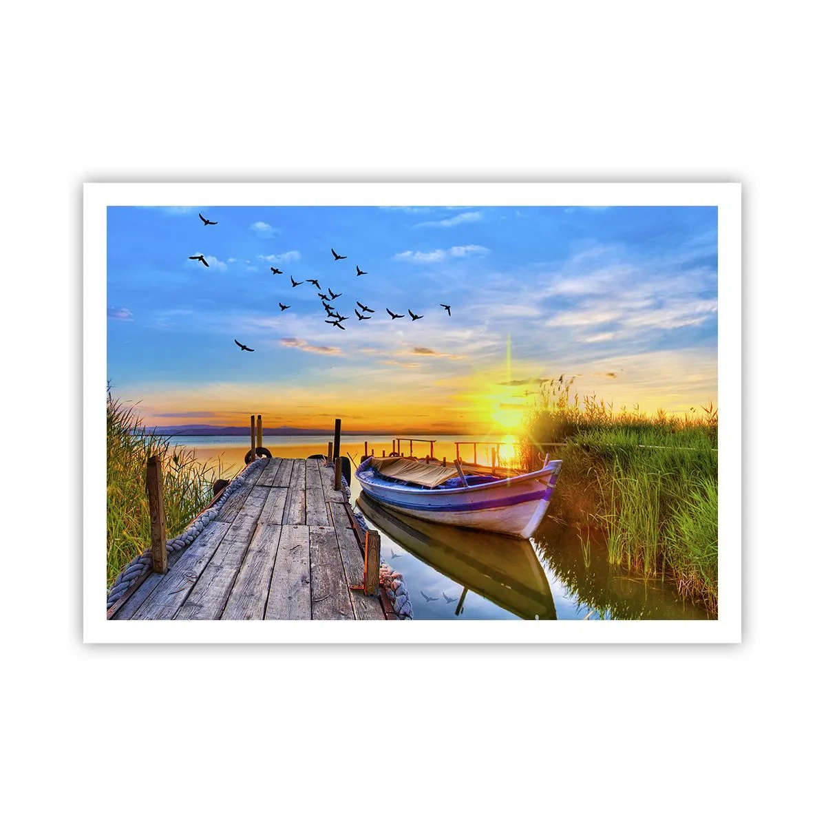 Póster - Un barco en un muelle de madera al atardecer. - 100x70cm - Adiós, hasta mañana - Decoración de pared moderna para salón y dormitorio ARTTOR