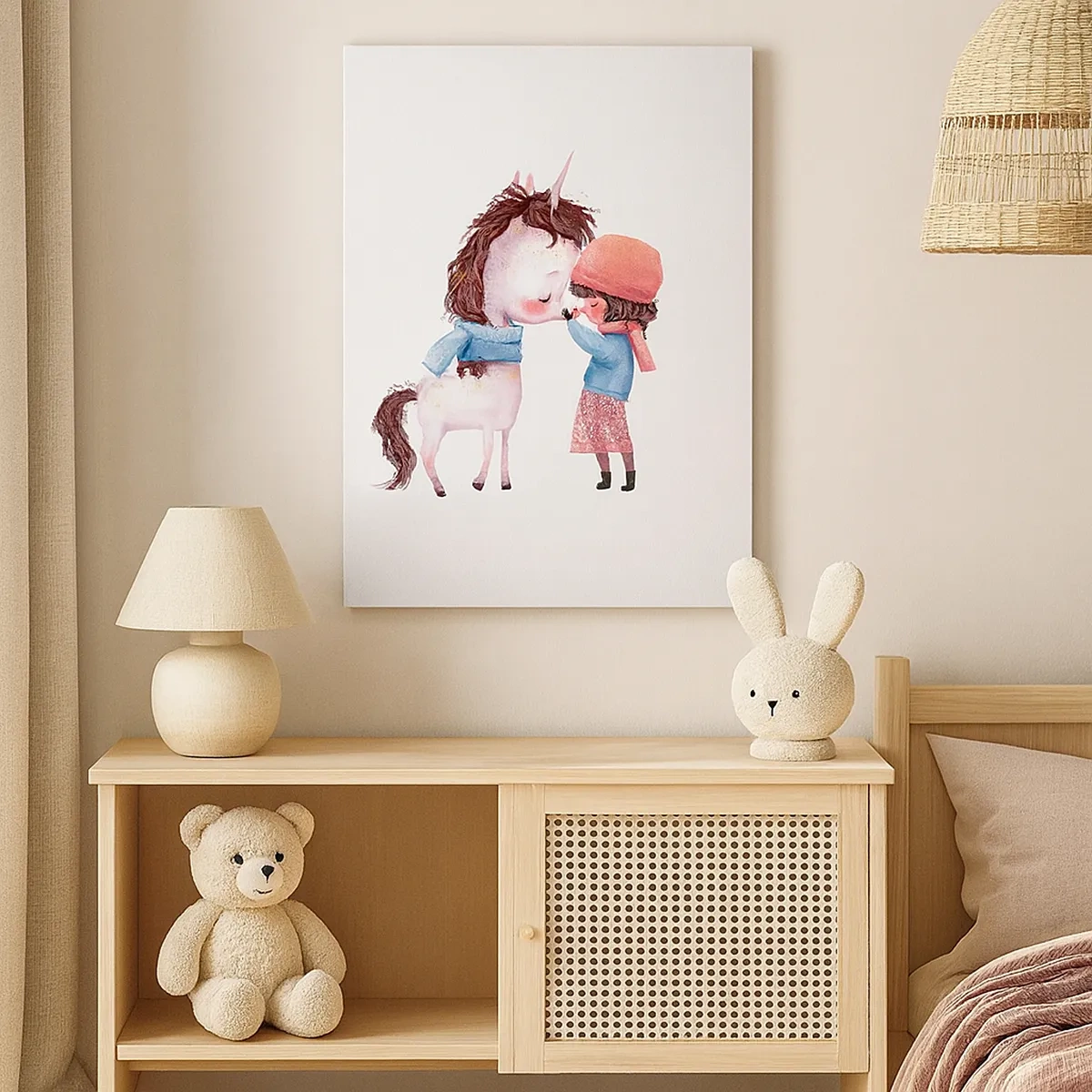 Cuadro sobre lienzo - Impresión de Imagen - Una niña y un unicornio en un paisaje invernal. - 50x70cm - Un cuento de invierno - Decoración de pared moderna para salón y dormitorio ARTTOR